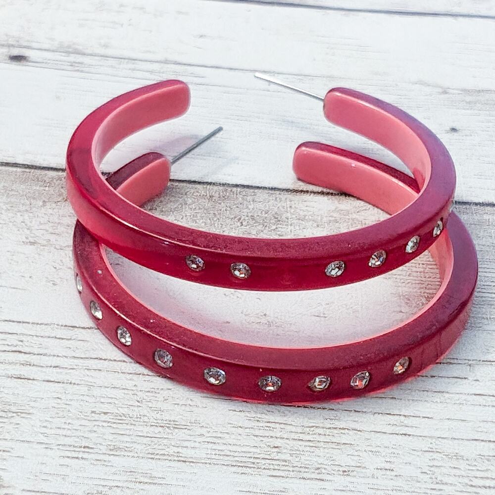 Large Red Hoops Stud Earrings For Pierced Ears - 1 & 7/8" - Missing Gems